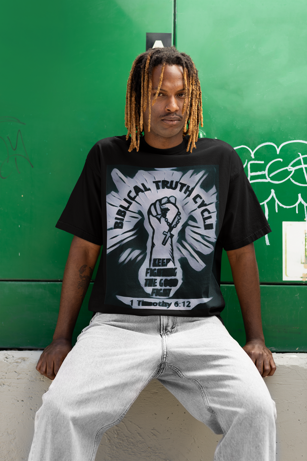 Biblical Truth Cycle - Oversized Heavyweight Unisex T-Shirt (The Good Fight - Mono)