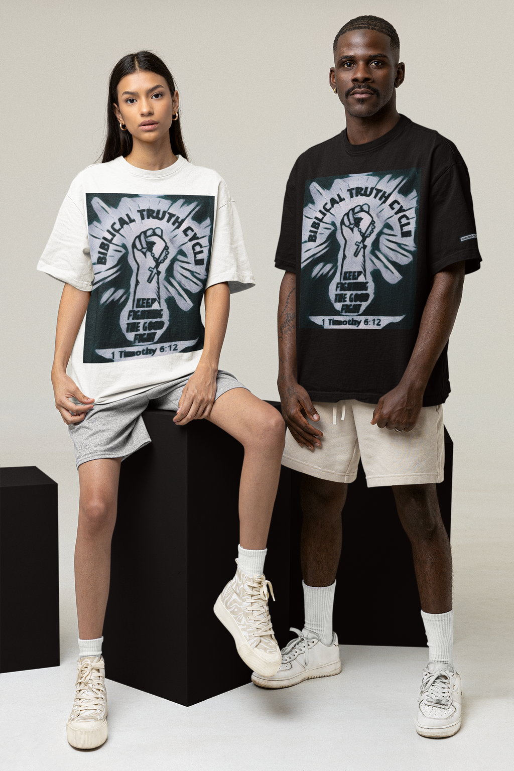 Biblical Truth Cycle - Oversized Heavyweight Unisex T-Shirt (The Good Fight - Mono)
