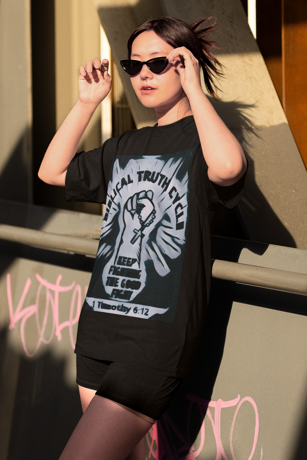 Biblical Truth Cycle - Oversized Heavyweight Unisex T-Shirt (The Good Fight - Mono)