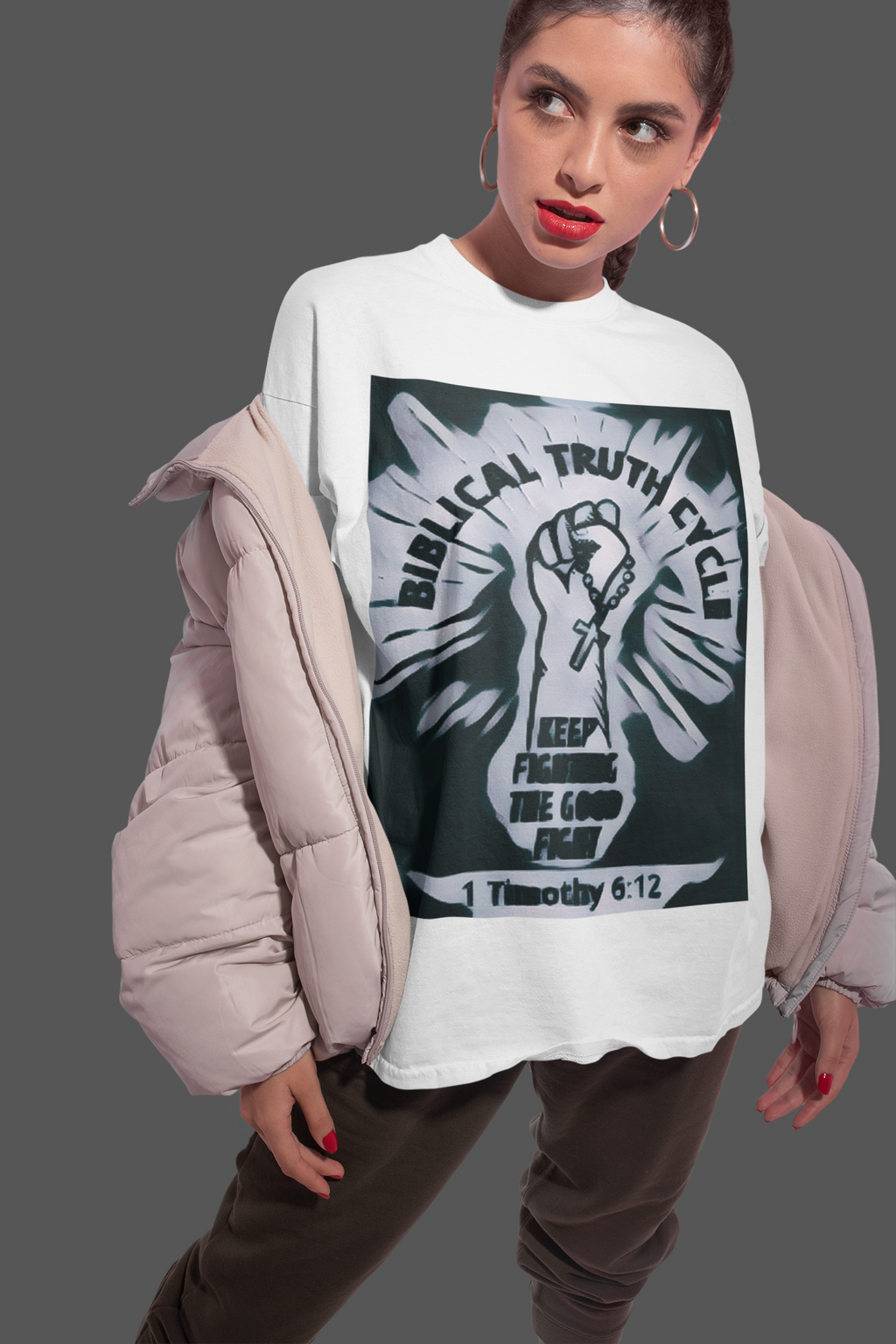 Biblical Truth Cycle - Oversized Heavyweight Unisex T-Shirt (The Good Fight - Mono)